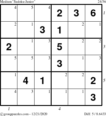 The grouppuzzles.com Medium Sudoku-Junior puzzle for Monday December 21, 2020 with all 5 steps marked