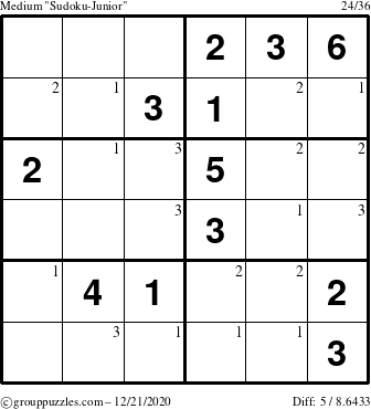 The grouppuzzles.com Medium Sudoku-Junior puzzle for Monday December 21, 2020 with the first 3 steps marked