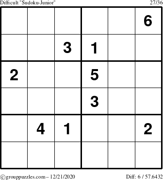 The grouppuzzles.com Difficult Sudoku-Junior puzzle for Monday December 21, 2020