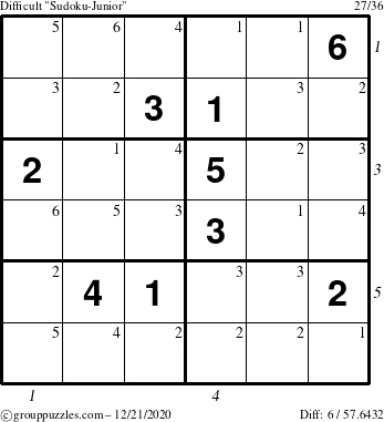 The grouppuzzles.com Difficult Sudoku-Junior puzzle for Monday December 21, 2020 with all 6 steps marked