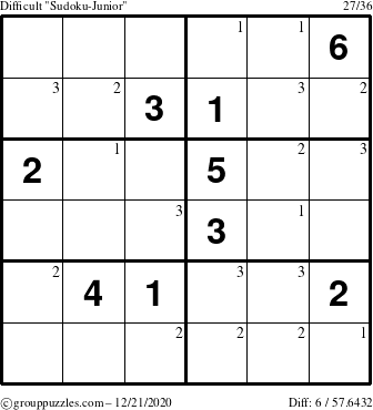 The grouppuzzles.com Difficult Sudoku-Junior puzzle for Monday December 21, 2020 with the first 3 steps marked