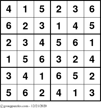 The grouppuzzles.com Answer grid for the Sudoku-Junior puzzle for Monday December 21, 2020