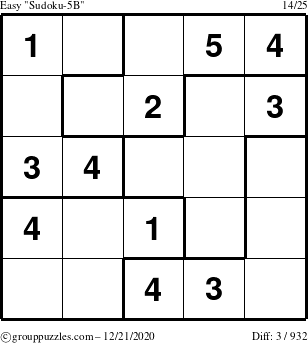 The grouppuzzles.com Easy Sudoku-5B puzzle for Monday December 21, 2020