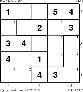 The grouppuzzles.com Easy Sudoku-5B puzzle for Monday December 21, 2020 with all 3 steps marked