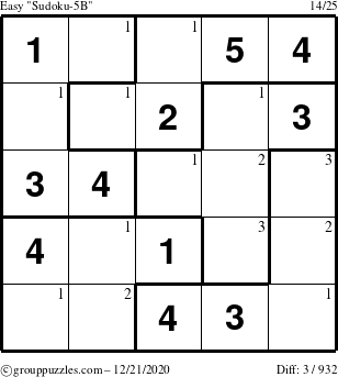 The grouppuzzles.com Easy Sudoku-5B puzzle for Monday December 21, 2020 with the first 3 steps marked