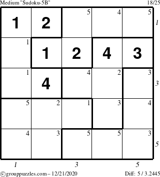 The grouppuzzles.com Medium Sudoku-5B puzzle for Monday December 21, 2020 with all 5 steps marked