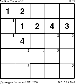 The grouppuzzles.com Medium Sudoku-5B puzzle for Monday December 21, 2020 with the first 3 steps marked