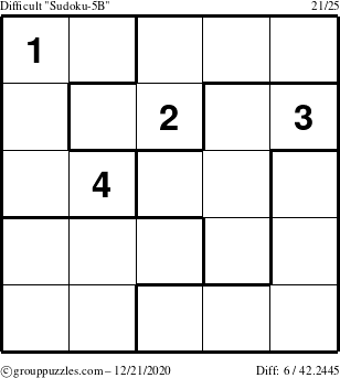 The grouppuzzles.com Difficult Sudoku-5B puzzle for Monday December 21, 2020