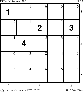 The grouppuzzles.com Difficult Sudoku-5B puzzle for Monday December 21, 2020 with all 6 steps marked