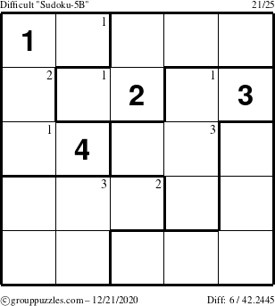 The grouppuzzles.com Difficult Sudoku-5B puzzle for Monday December 21, 2020 with the first 3 steps marked