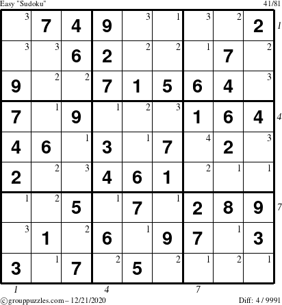 The grouppuzzles.com Easy Sudoku puzzle for Monday December 21, 2020 with all 4 steps marked