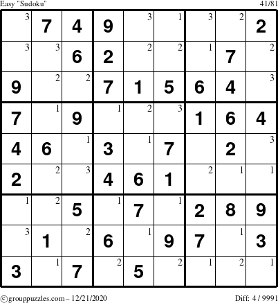 The grouppuzzles.com Easy Sudoku puzzle for Monday December 21, 2020 with the first 3 steps marked