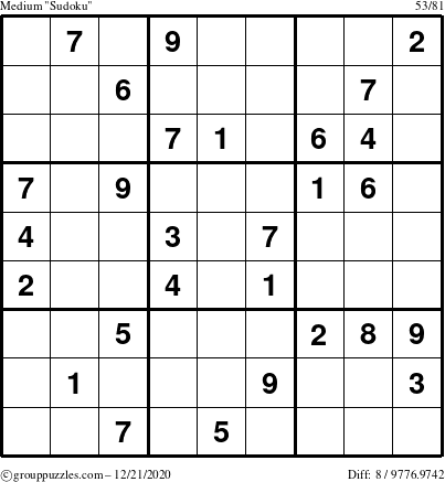 The grouppuzzles.com Medium Sudoku puzzle for Monday December 21, 2020