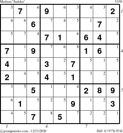 The grouppuzzles.com Medium Sudoku puzzle for Monday December 21, 2020 with all 8 steps marked