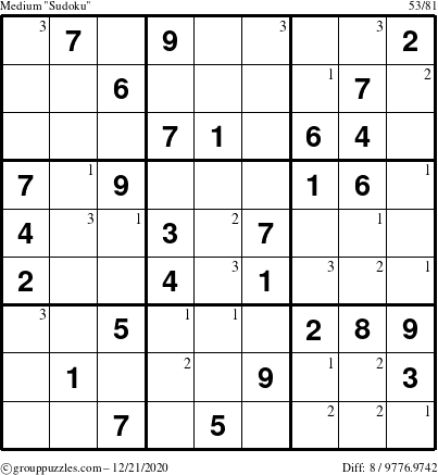 The grouppuzzles.com Medium Sudoku puzzle for Monday December 21, 2020 with the first 3 steps marked