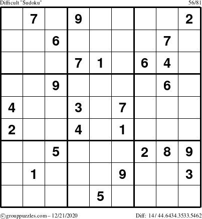 The grouppuzzles.com Difficult Sudoku puzzle for Monday December 21, 2020