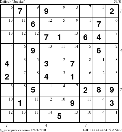 The grouppuzzles.com Difficult Sudoku puzzle for Monday December 21, 2020, suitable for printing, with all 14 steps marked