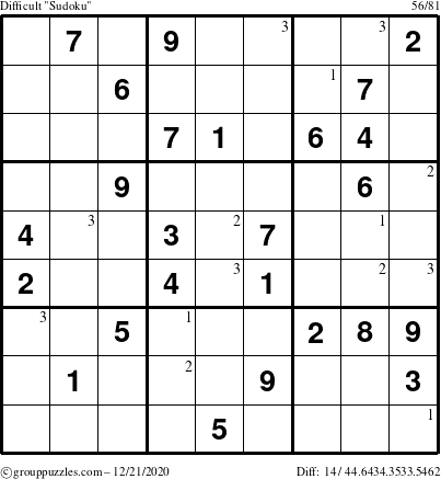 The grouppuzzles.com Difficult Sudoku puzzle for Monday December 21, 2020 with the first 3 steps marked