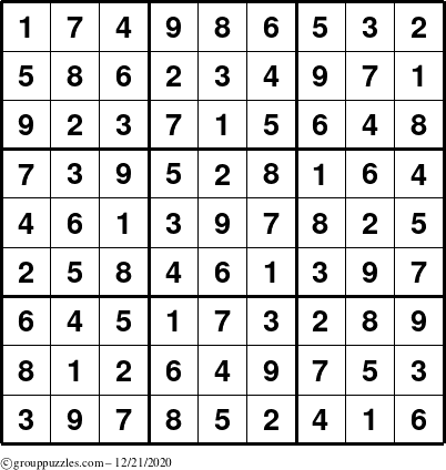 The grouppuzzles.com Answer grid for the Sudoku puzzle for Monday December 21, 2020