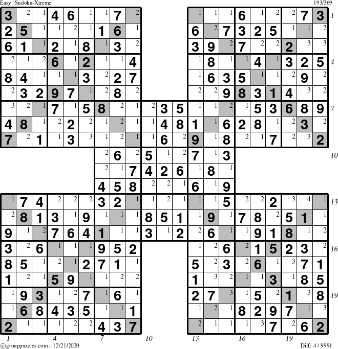 The grouppuzzles.com Easy Sudoku-Xtreme puzzle for Monday December 21, 2020 with all 4 steps marked