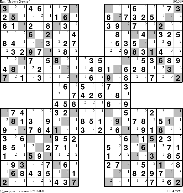 The grouppuzzles.com Easy Sudoku-Xtreme puzzle for Monday December 21, 2020 with the first 3 steps marked