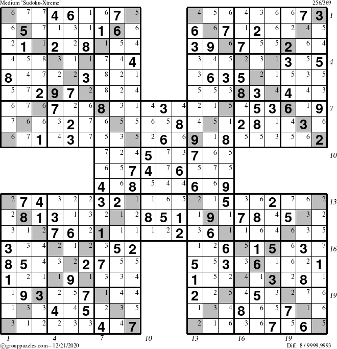 The grouppuzzles.com Medium Sudoku-Xtreme puzzle for Monday December 21, 2020 with all 8 steps marked