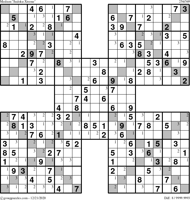 The grouppuzzles.com Medium Sudoku-Xtreme puzzle for Monday December 21, 2020 with the first 3 steps marked