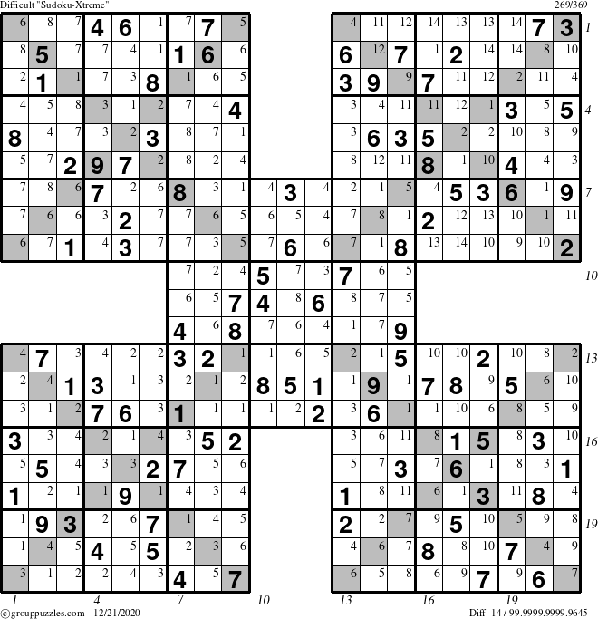 The grouppuzzles.com Difficult Sudoku-Xtreme puzzle for Monday December 21, 2020 with all 14 steps marked