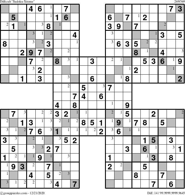 The grouppuzzles.com Difficult Sudoku-Xtreme puzzle for Monday December 21, 2020 with the first 3 steps marked