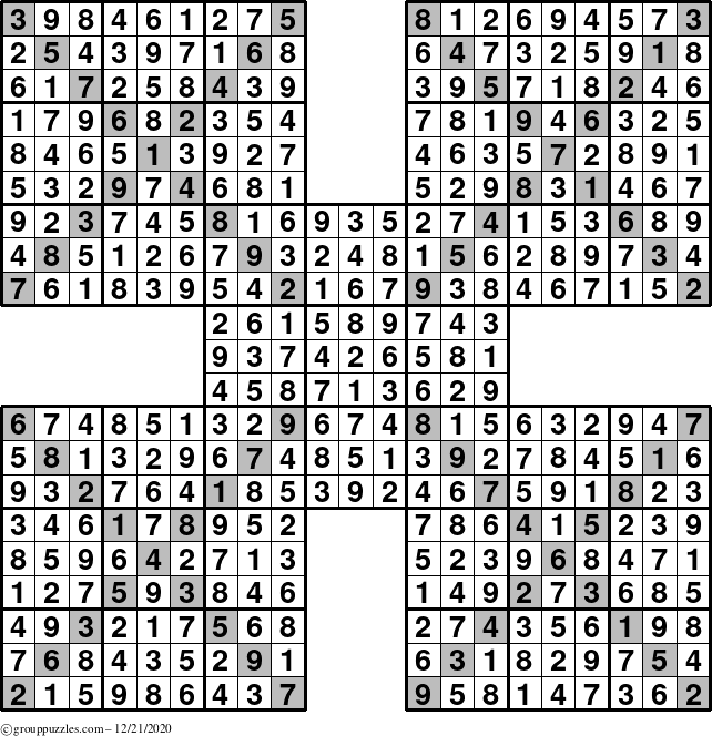 The grouppuzzles.com Answer grid for the Sudoku-Xtreme puzzle for Monday December 21, 2020