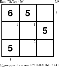 The grouppuzzles.com Easy TicTac-456 puzzle for Monday December 21, 2020, suitable for printing, with all 2 steps marked