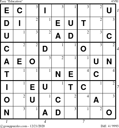 The grouppuzzles.com Easy Education-c1 puzzle for Monday December 21, 2020, suitable for printing, with all 4 steps marked