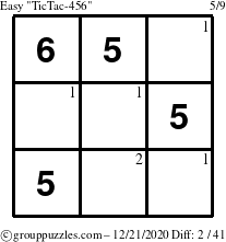 The grouppuzzles.com Easy TicTac-456 puzzle for Monday December 21, 2020 with the first 2 steps marked