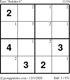 The grouppuzzles.com Easy Sudoku-4 puzzle for Tuesday December 1, 2020 with the first 3 steps marked