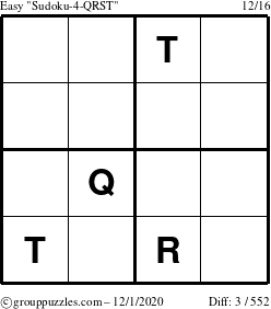 The grouppuzzles.com Easy Sudoku-4-QRST puzzle for Tuesday December 1, 2020