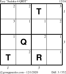 The grouppuzzles.com Easy Sudoku-4-QRST puzzle for Tuesday December 1, 2020 with all 3 steps marked