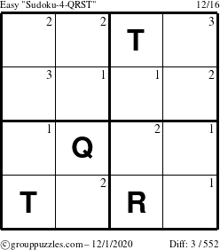 The grouppuzzles.com Easy Sudoku-4-QRST puzzle for Tuesday December 1, 2020 with the first 3 steps marked