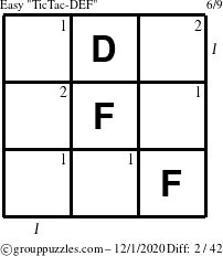 The grouppuzzles.com Easy TicTac-DEF puzzle for Tuesday December 1, 2020 with all 2 steps marked