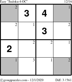 The grouppuzzles.com Easy Sudoku-4-OC puzzle for Tuesday December 1, 2020 with the first 3 steps marked