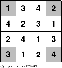 The grouppuzzles.com Answer grid for the Sudoku-4-OC puzzle for Tuesday December 1, 2020