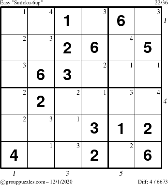 The grouppuzzles.com Easy Sudoku-6up puzzle for Tuesday December 1, 2020, suitable for printing, with all 4 steps marked