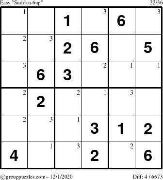 The grouppuzzles.com Easy Sudoku-6up puzzle for Tuesday December 1, 2020 with the first 3 steps marked