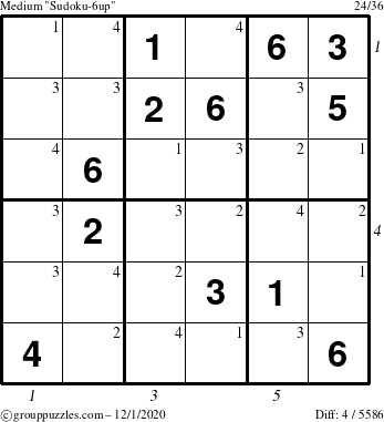 The grouppuzzles.com Medium Sudoku-6up puzzle for Tuesday December 1, 2020 with all 4 steps marked