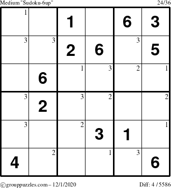 The grouppuzzles.com Medium Sudoku-6up puzzle for Tuesday December 1, 2020 with the first 3 steps marked