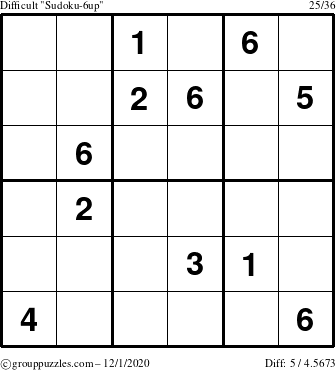 The grouppuzzles.com Difficult Sudoku-6up puzzle for Tuesday December 1, 2020