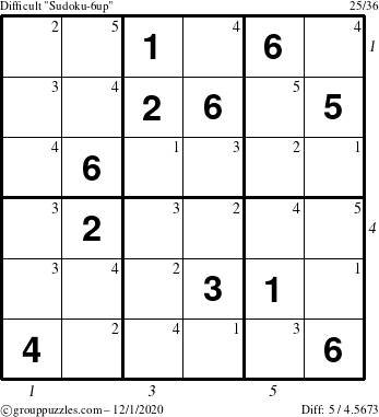 The grouppuzzles.com Difficult Sudoku-6up puzzle for Tuesday December 1, 2020 with all 5 steps marked