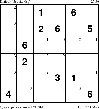 The grouppuzzles.com Difficult Sudoku-6up puzzle for Tuesday December 1, 2020 with the first 3 steps marked