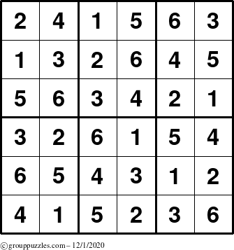 The grouppuzzles.com Answer grid for the Sudoku-6up puzzle for Tuesday December 1, 2020