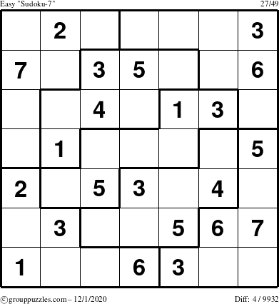 The grouppuzzles.com Easy Sudoku-7 puzzle for Tuesday December 1, 2020