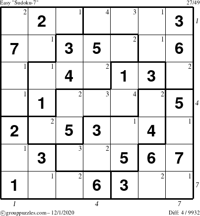 The grouppuzzles.com Easy Sudoku-7 puzzle for Tuesday December 1, 2020, suitable for printing, with all 4 steps marked